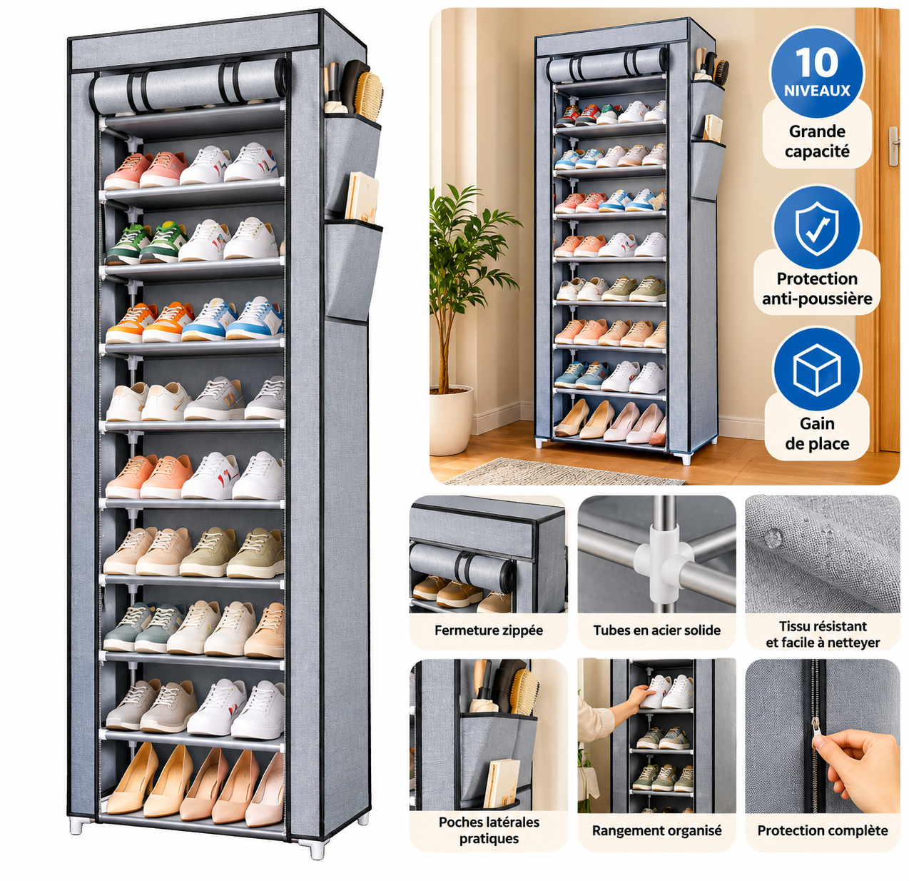 Meuble à Chaussures Pliable 10 Niveaux avec Fermeture Zippée – Armoire de Rangement Gain de Place