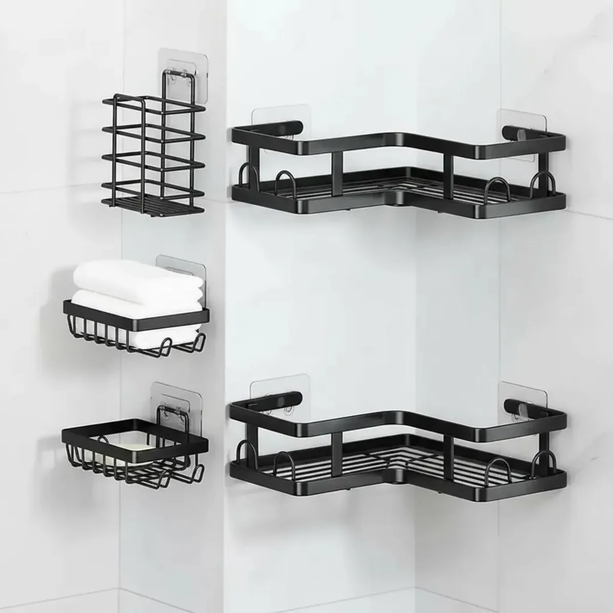 Organisateur d’angle adhésif pour salle de bain, noir