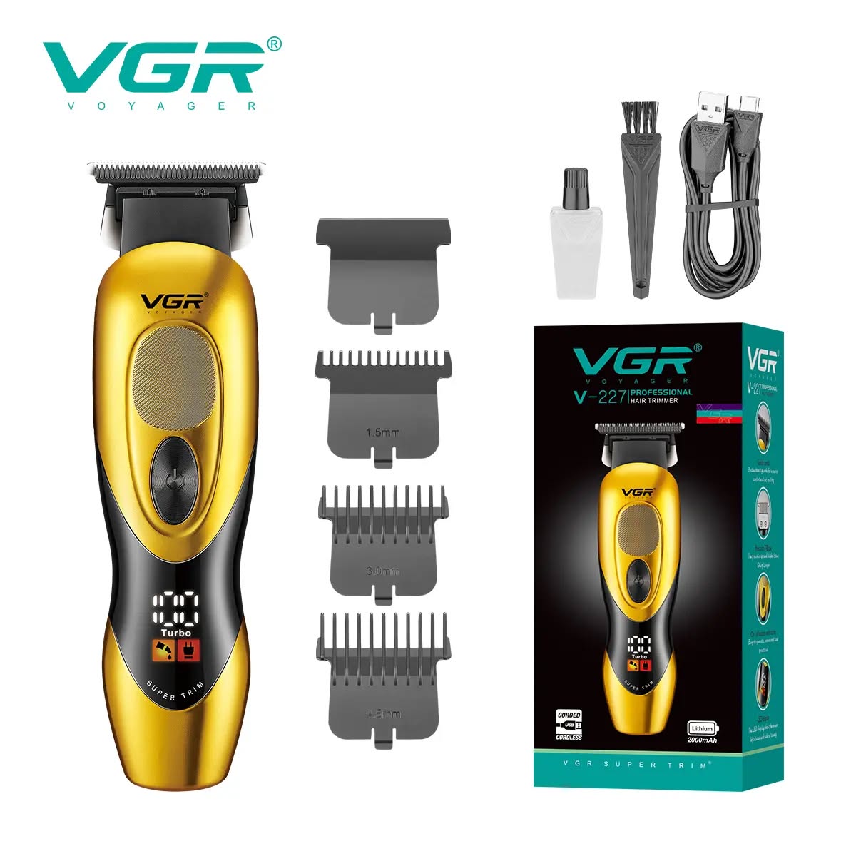 ماكينة قص الشعر VGR V-227 الاحترافية – لاسلكية بشفرات ستانلس ستيل وتيتانيوم، شحن USB، طول قص متغير